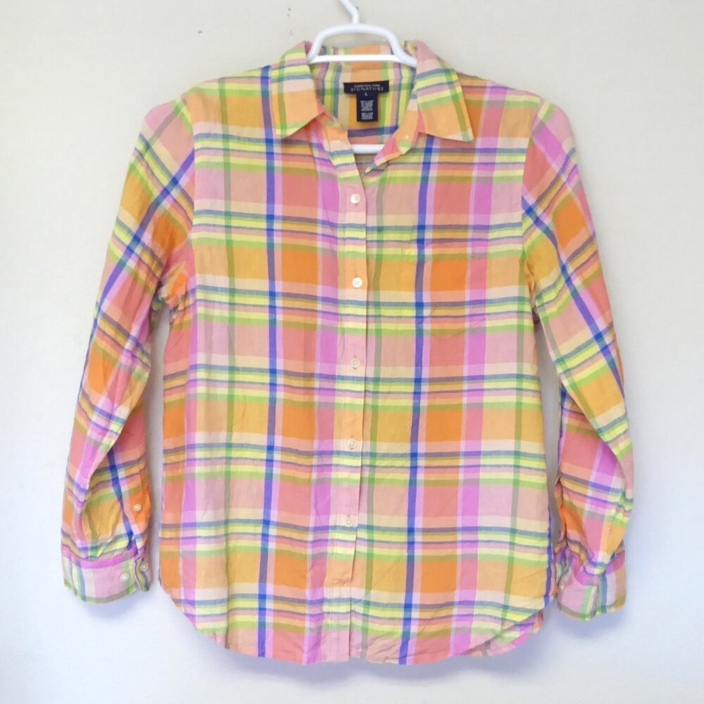 Jones New York signature pink orange blue linen plaid button up shirt size large